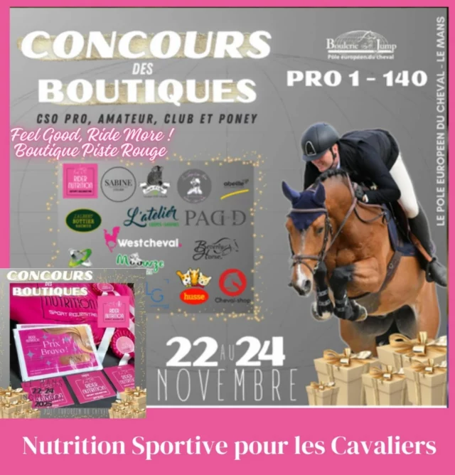 Next date 🙌... prochain concours !

Nous serons présents pour le concours des boutiques @pole_europeen_du_cheval du 22 au 24 novembre avec plein d'animations pour marquer le début d'une saison festive et magique.✨️🩷✨️

🏇 - Boutique @ridernutrition ouverte 9h à 17h piste rouge.

🩷 Sponsoring avec une couverture rose pour votre cheval, un panier de nos produits, plein de bons cadeaux et prix à gagner.

🥤 Dégustation gratuite de nos produits et le lancement de notre nouveau "Rider Food" à tester.

🫶 Conseils gratuits sur place.

À très vite...piste rouge !

#feelgoodridemore

#teampink 
#ridernutrition 
#nutritionsportive 
#sportsnutrition