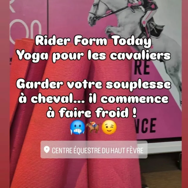 Il commence à faire froid ... et il est important de rester bien souple pour l'équitation ! 🥶🫶🏇

@ridernutrition propose les séances de "Rider Form" - Yoga pour les cavaliers.

- ✅️ Prévention des blessures.
- ✅️ Équilibre et Souplesse 
- ✅️ Respiration et gestion du stress.
- ✅️ Confiance en soi. 

Joignez-vous à nous chaque mercredi après-midi, à 5mins de Mayenne. Tout âge et niveau bienvenus.